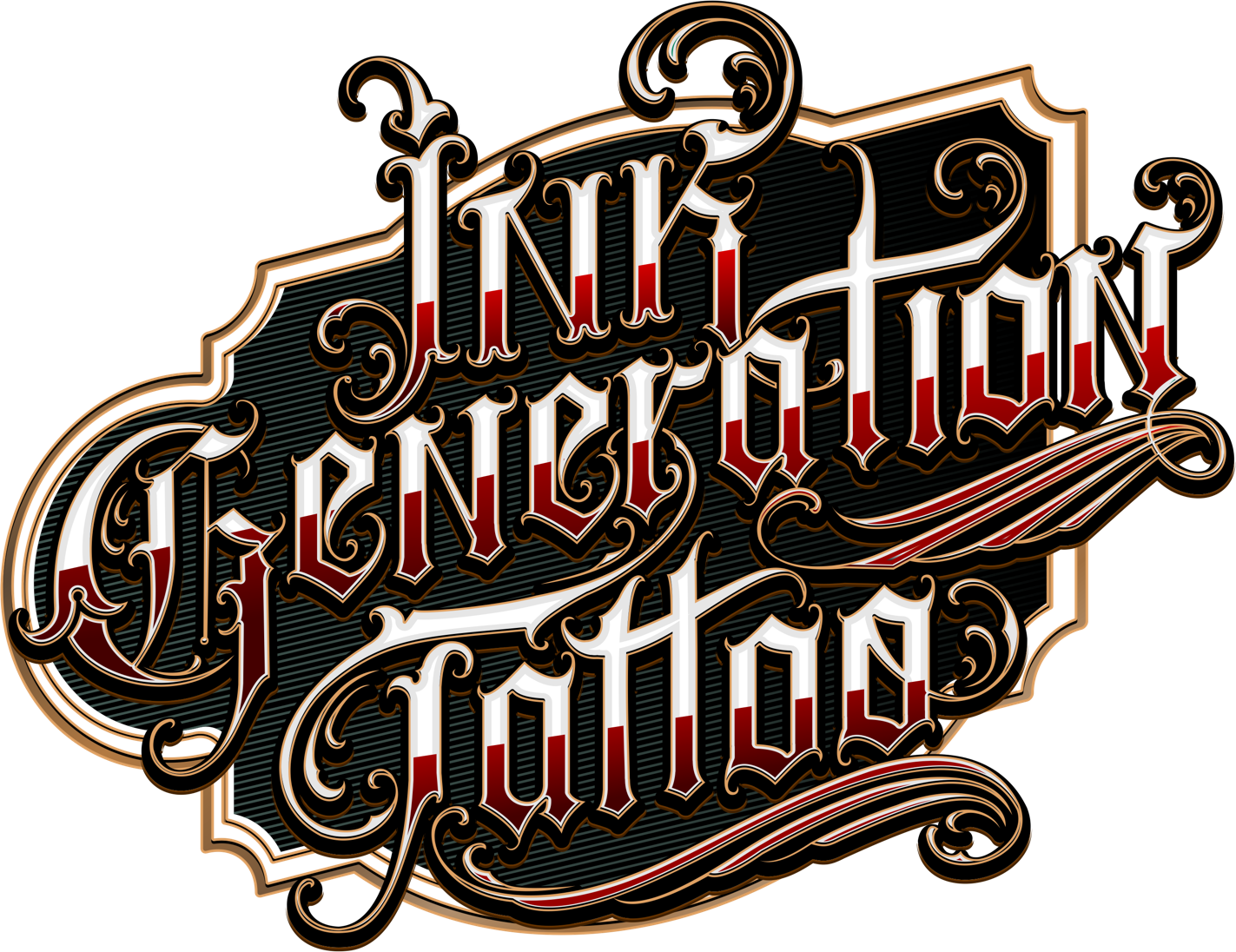 Stylized black, red, and white logo reading “Ink Generation Tattoo” on a black splash background